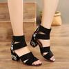 Shoes for Women 2024 New Ankle-Wrap Women's Sandals Summer Black Embroidered Mid-heel Sandals Elegant Open Toe Square Heel Mujer