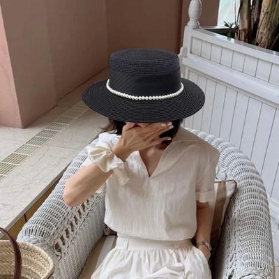 New French Hepburn Style Straw Hat Solid Color Straw Weaving Pearl Chain Hat Uv Protection Breathable Wide Brim Hat Beach Wear