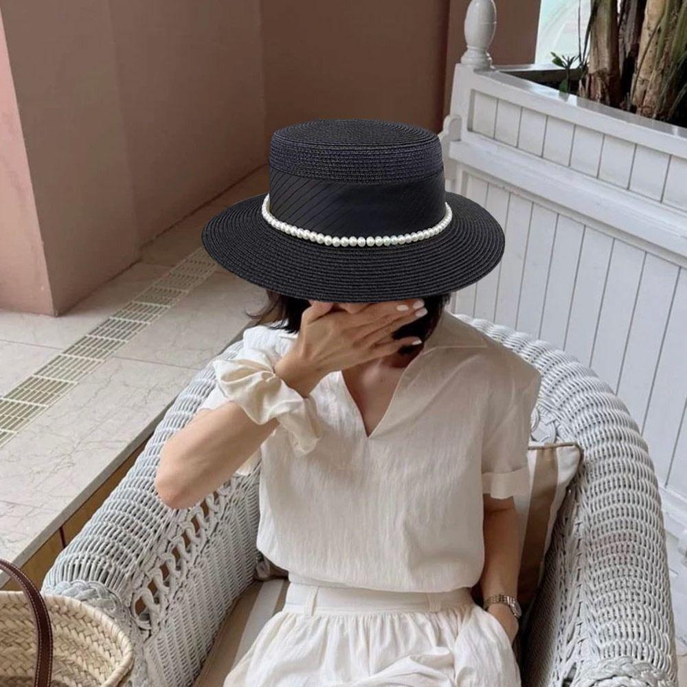 New French Hepburn Style Straw Hat Solid Color Straw Weaving Pearl Chain Hat Uv Protection Breathable Wide Brim Hat Beach Wear