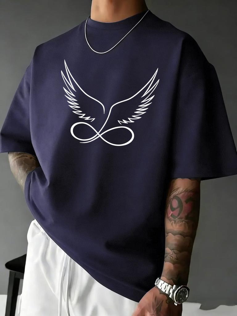 Infinity Angel Wings Line Print Unisexs Crew Neck Short Sleeve Loose Casual Streetwear Basic Summer Daily Wear Soft Tee Shirt