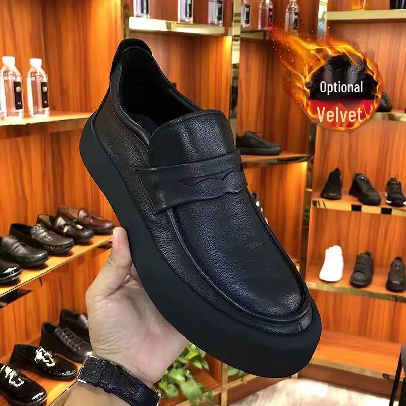 

Men s Genuine Top Grain Leather Slip-On High-Top Fleece-Lined Casual Shoes with Thick Soles Size 38