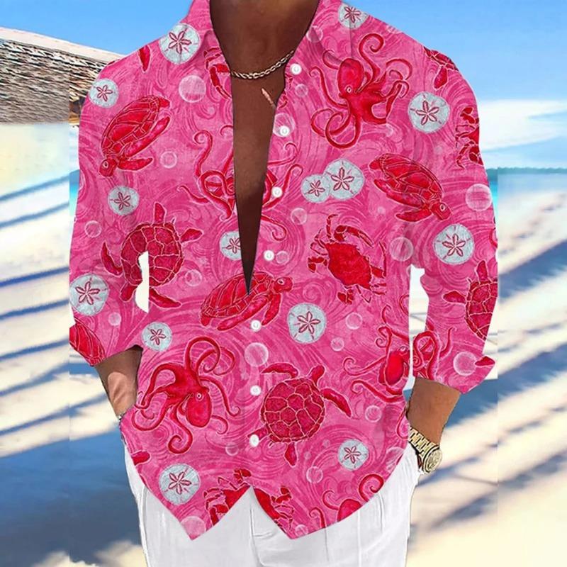 Men's Long-sleeved Shirt Casual And Comfortable Printed Sea Octopus Turtle Series Pattern Hawaiian Comfortable Large Size