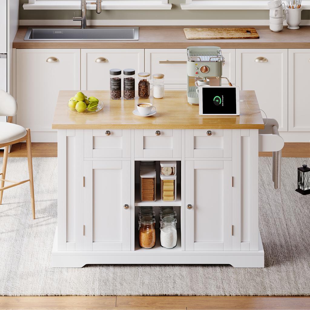 132cm Mobile Kitchen Table, Country House Style, Foldable Countertop, Multifunctional Cabinet, Spice Rack, Towel Holder, 4 Wheels, Integrated Socket