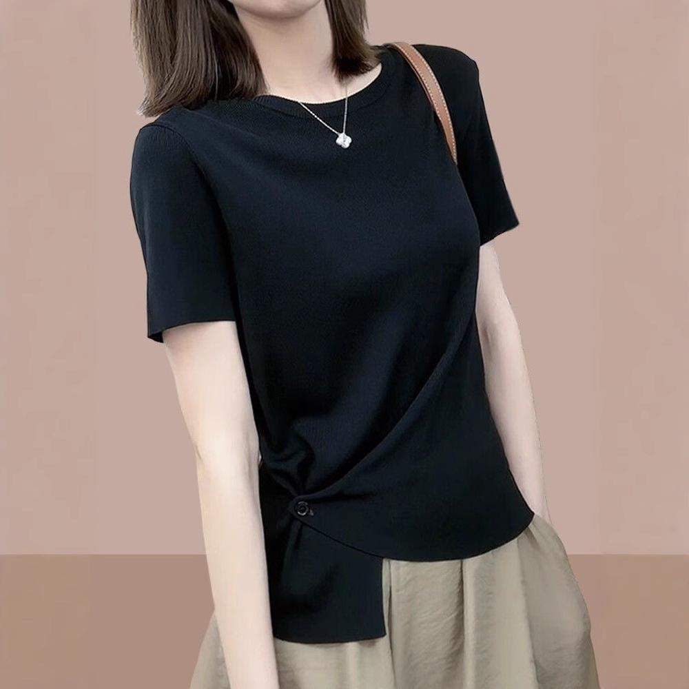 

2025 Summer Women s Casual Slimming Irregular Short Sleeve Top 4XL хакі