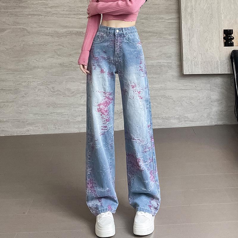 Women's Spring 2025 High Waist Jacquard Embroidered Wide Leg Jeans