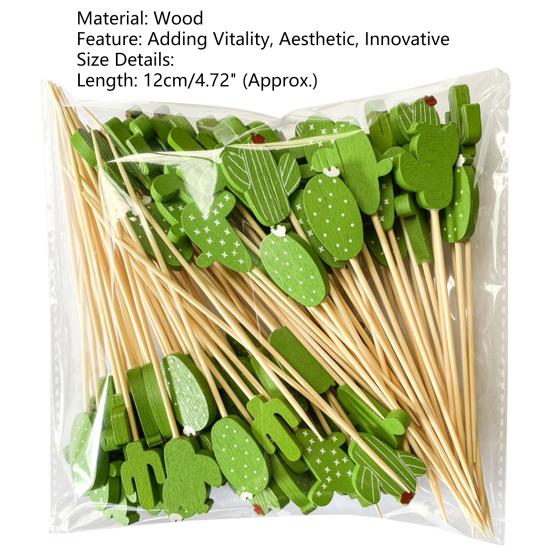 100Pcs Fruit Forks Food Grade Anti-slip Wood Long Handle Cactus Shape Buffet Picks Party Supplies
