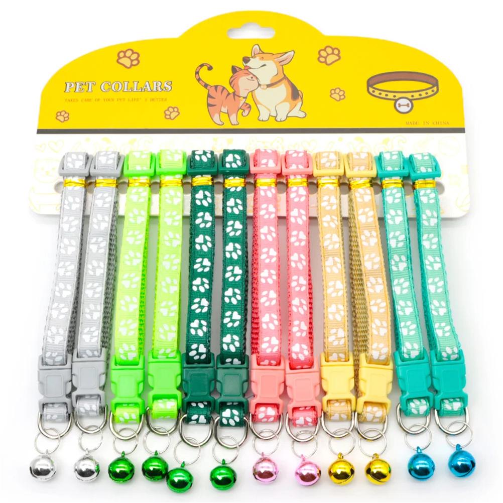 12Pcs Mix Color Anti-Lost Dog Collars Pet Cat Puppy Buckle Collar with Bell 6 Colors Footprint
