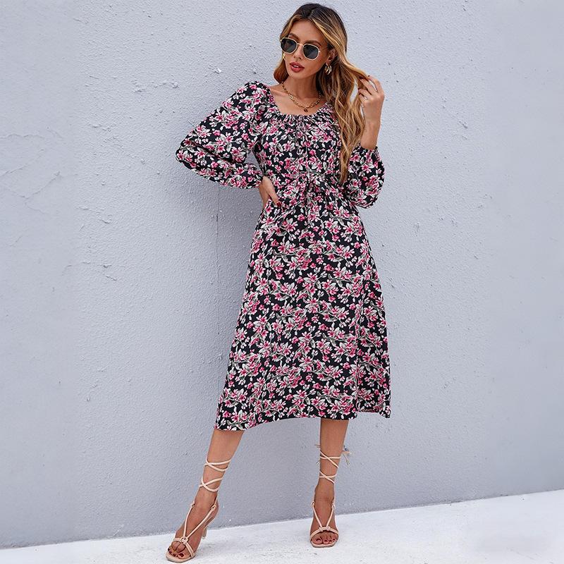 

YYFS Women s Fashion Spring Fall Flower Pattern Print Long Sleeve Square Collar High Waist Casual Dresses XL чорний
