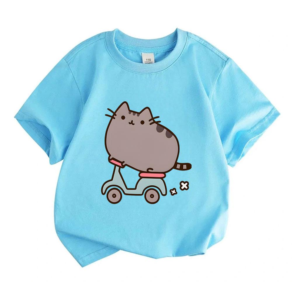 Cute Cartoon Cat Riding Scooter Print Kids 100% Cotton Crew Neck Short Sleeve T-Shirt, Unisex Boys Girls Casual Comfortable Lightweight Summer Basic T