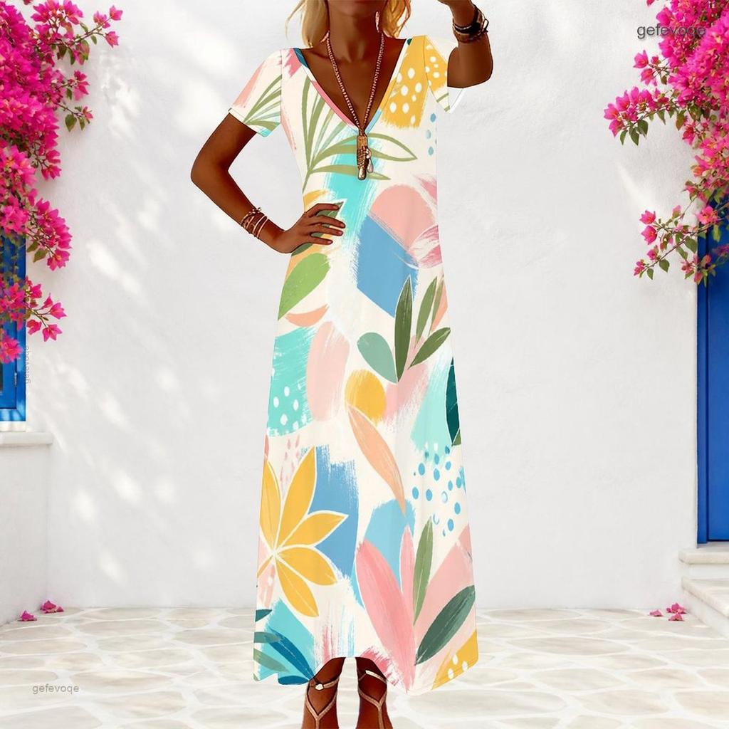 Women Plus Size V Neck Short Sleeve Printed Loose Maxi Dress