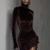 European And American Style Autumn And Winter New Velvet Turtleneck Lace Hem Slim Mini Dress