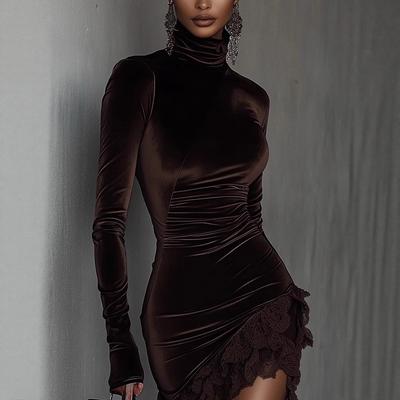 European And American Style Autumn And Winter New Velvet Turtleneck Lace Hem Slim Mini Dress