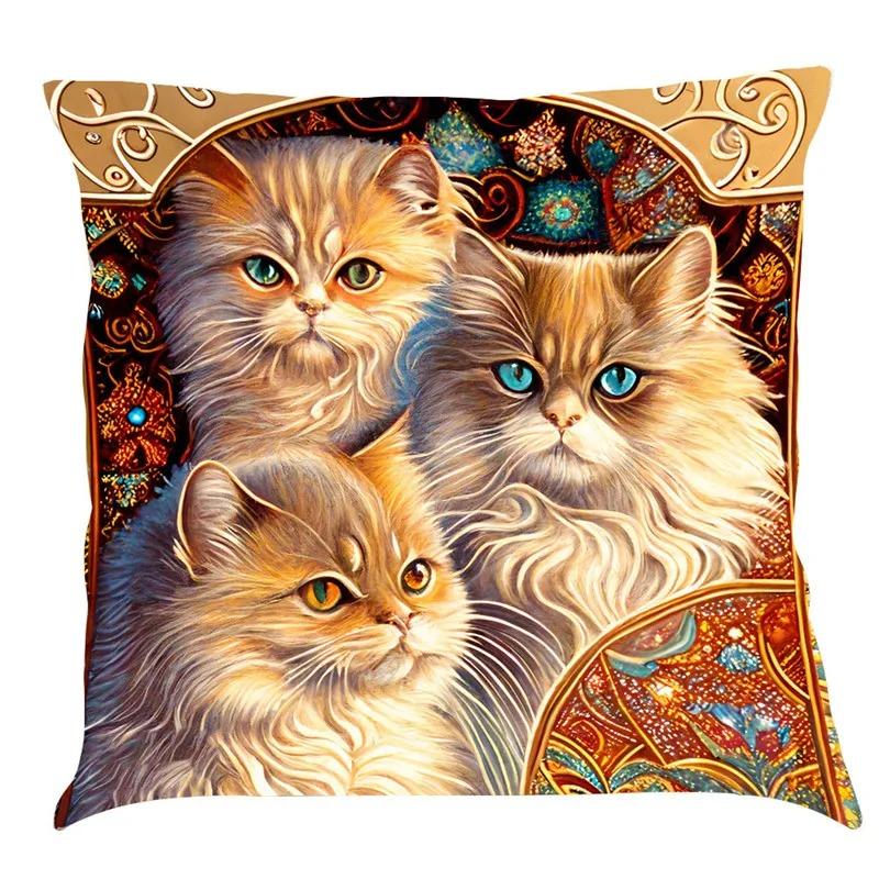 Nordic Style Peacock Cat Puppy Oil Painting Print Pillowcase 45x45 Cm Living Room Sofa Cushion Cover Bedroom Home Decoration