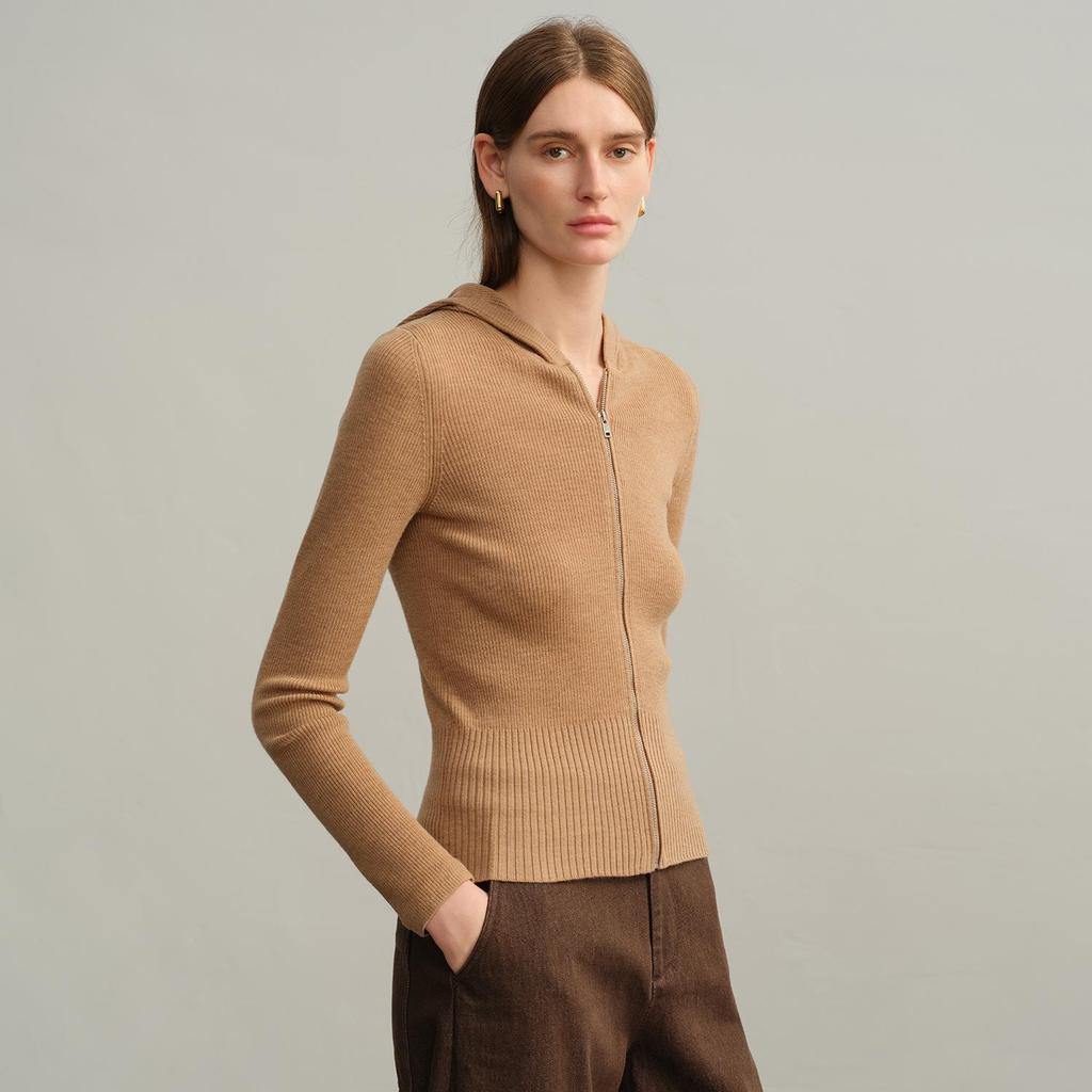 Yangzi Pure Wool Hooded Zip-Up Cardigan – European & American Style, Women's Autumn/Winter Slim-Fit Knit Sweater, Long-Sleeved