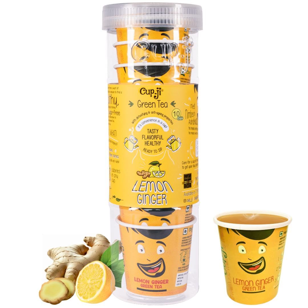 Cup-Ji Lemon Ginger Green Tea | Rich in Vitamin C, Boosts Metabolism with Ginger & Mint | Non-Bitter, Tasty Whole Leaf Green Tea | Support Hair & Sk