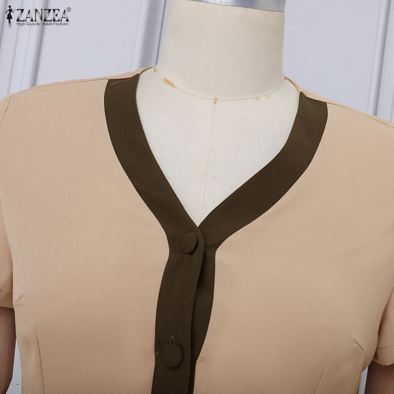 ZANZEA Damen Freizeit V-Ausschnitt Sommer Kurzarmkleid