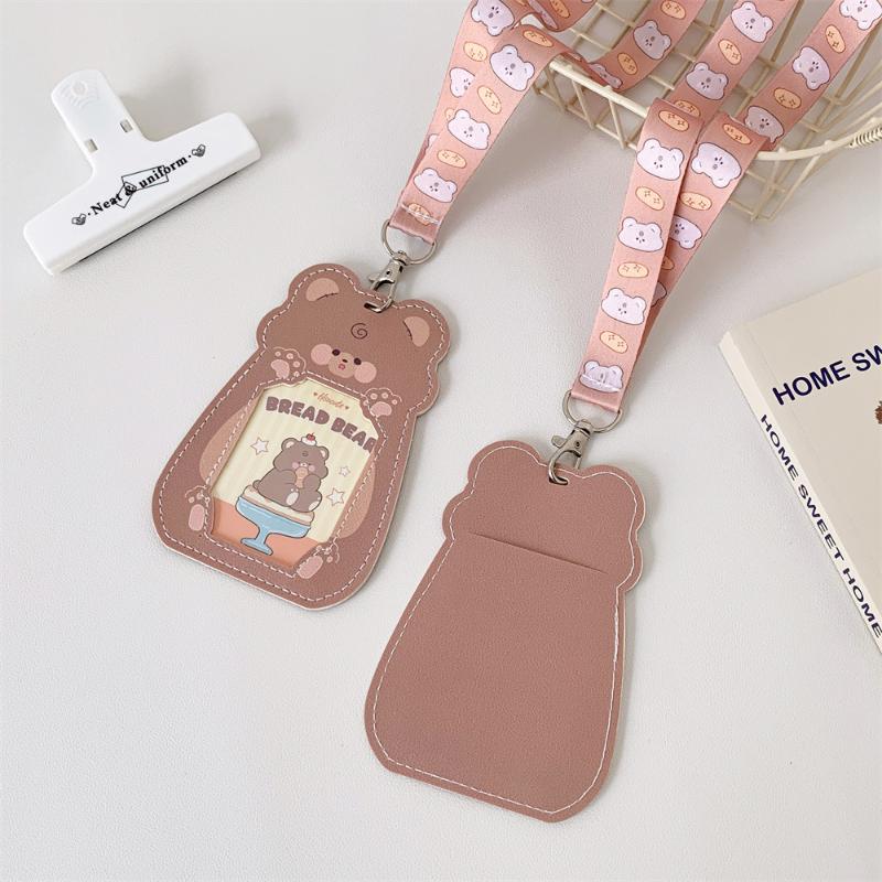 Porta Badge per Carte in Pelle con Cucciolo e Gatto Cartoon, 3 Pollici, con Cordino da Collo, Porta Badge per Campus, Porta Badge Identificativo per Studenti