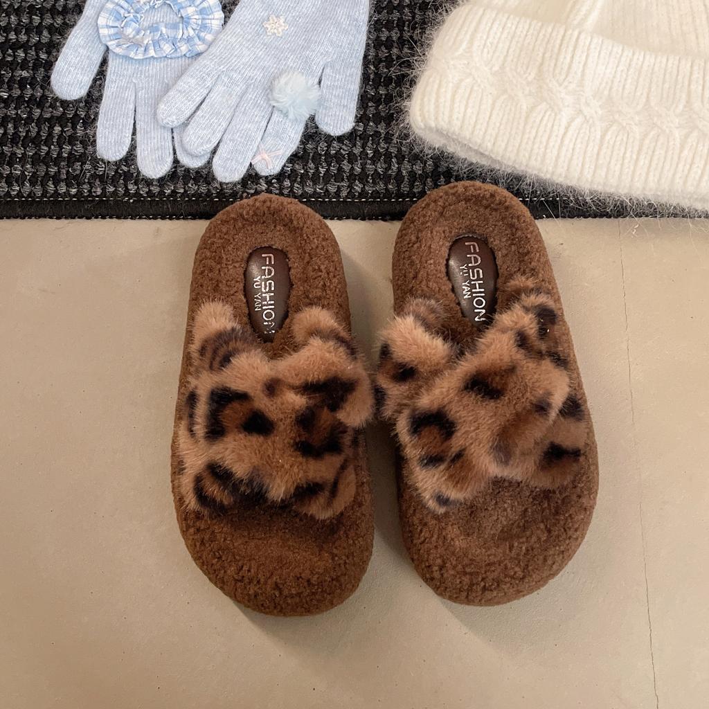 Dicksohlige flauschige Hausschuhe Damenschuhe 2025 Herbst und Winter neu große Größe doppelgestreift offen Zehen Samt Baumwollhausschuhe