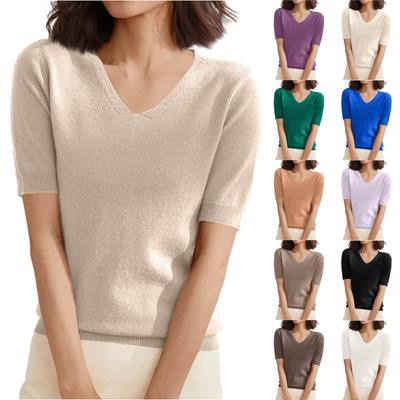 Tricou Pulover Femei Mânecă Scurtă Topuri Tricotate Pulover Pulover cu Decolteu în V Ușor Casual Pulover Colorat Topuri Elegante Primăvară Vară