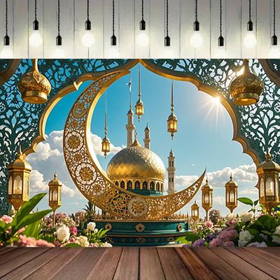 Mezquita Luna Linterna Eid Mubarak Banner de Fondo Árabe Ramadán Mubarak Fondo de Foto Decoración de Festival Islámico Musulmán
