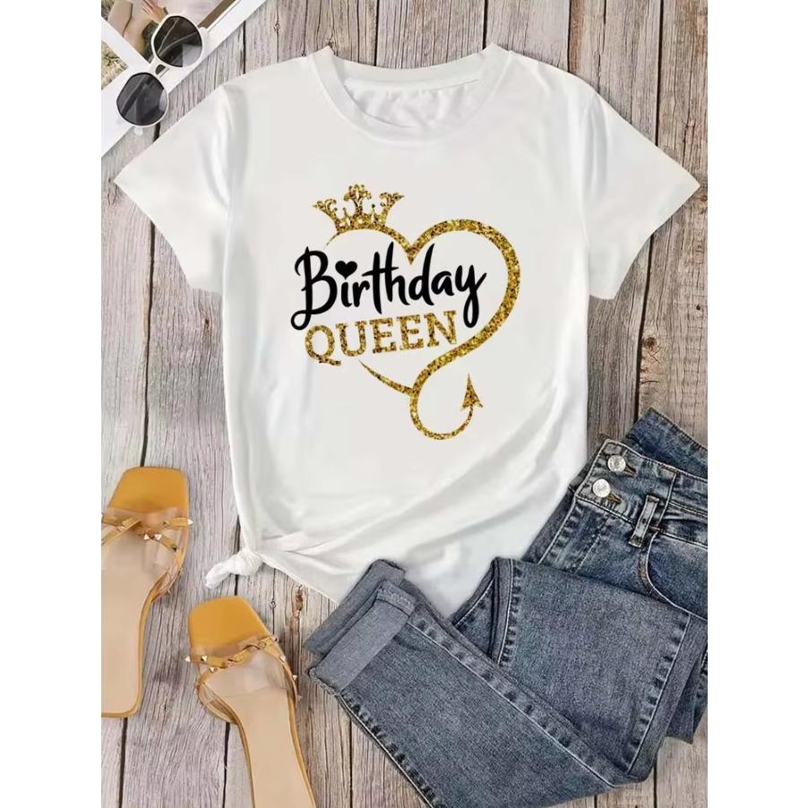 Cotton Tee Birthday Gift for Girls Birthday Queen Graphic Print Tshirt Women's Clothing Harajuku Summer Short Sleeves Crew Neck T-Shirt