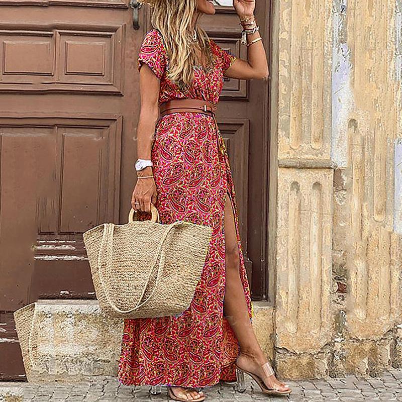 Buy Women Summer Long Dress Boho Print Belted Maxi Dress Casual