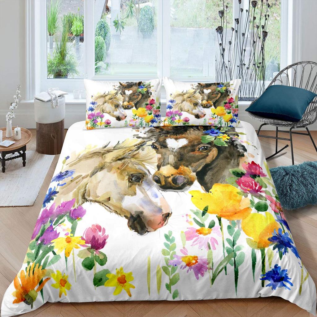 White Horse Pink Cherry Blossom King Full Bedding Set Watercolor Floral Duvet Cover Animal Quilt Cover Polyester Comforter Cover