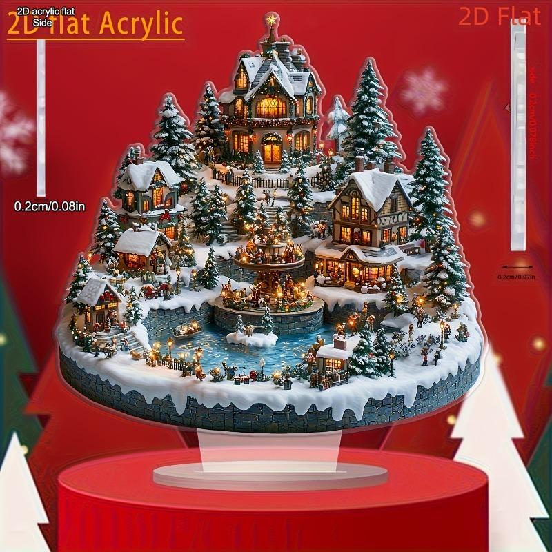 2D Flat Bohemian Style Acrylic Christmas Village Tabletop Decoration, Lights, Trees, and Figures, Suitable for wall decoration, porch, room, villa, ac