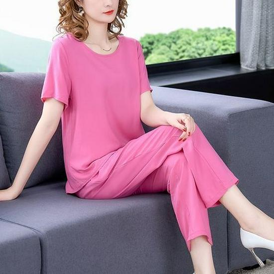 Summer Cotton Silk Women's Loose Two-Piece Set: Solid Color Short Sleeve Top and Long Pants, Plus Size Casual Wear.