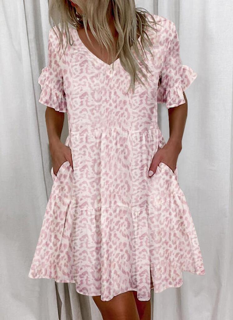 2025 European and American Women's Ruffle Pocket Printed Dress