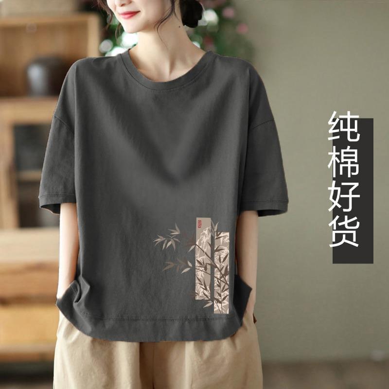 

Fashionable Short-sleeved T-shirt for Women Loose Artistic and Versatile 2025 Printed Retro New Style Comfortable Pullover L сірий колір