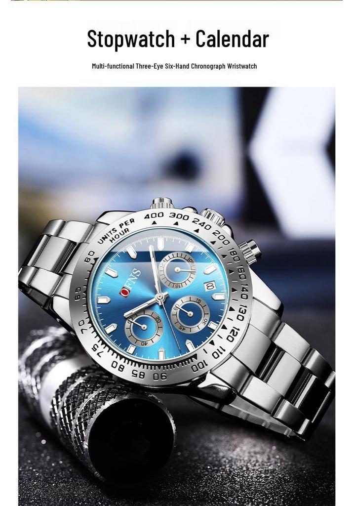 OFNS Men's Quartz Watch: Fashionable Business Design, Six-Hand Dial, Calendar, Solid Steel Band, Waterproof.