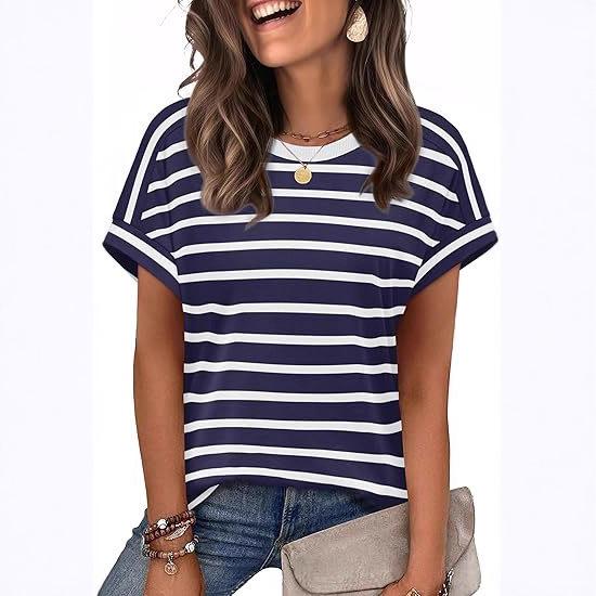 Temu 2023 Women's Colorful Striped Round Neck Pullover Casual T-shirt