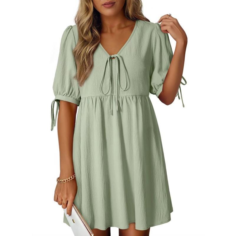 QICED Women's Fashion Summer Spring Solid Color Print Short Sleeve V-Neck Casual Dresses