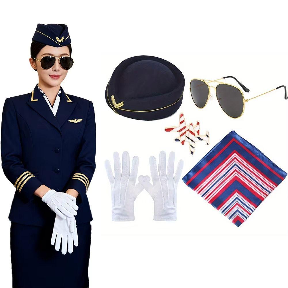 Handschuhe Schal Damen Stewardess Kostüm Stilvolle Flugbegleiterin Hut Maskenball