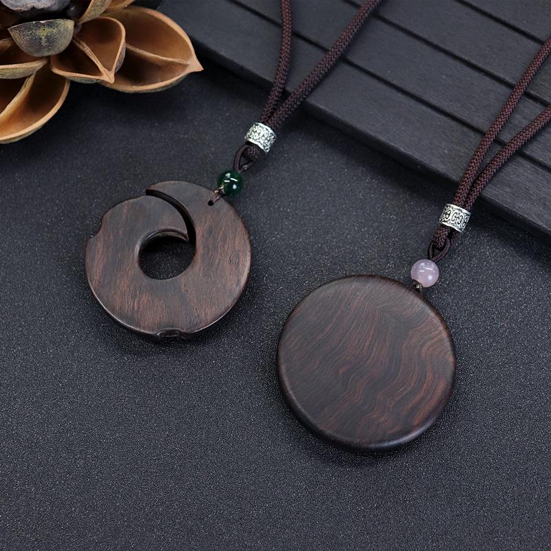 Natural Ebony Wood Hand Carved Long Necklace Vintage Pixiu Pendant Sweater