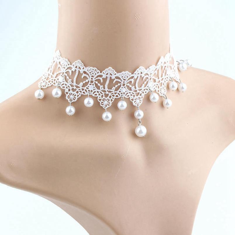 Choker Necklace White Lace Lace Pearl 