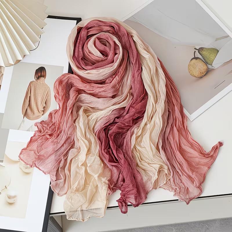 Gradient Blue Cotton-Linen Scarf: Retro Versatile Print, Long Pleated Women's Accessory for Autumn/Winter