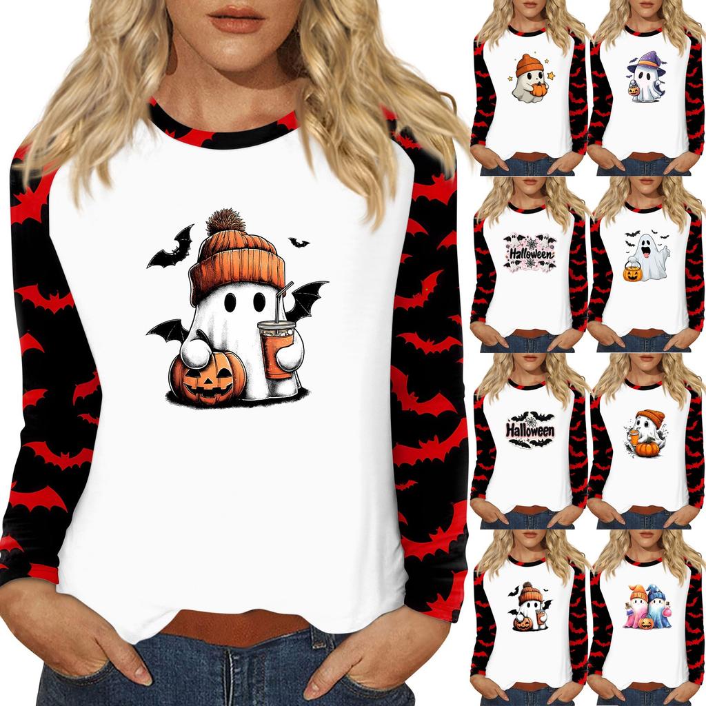 Women's T Shirt Halloween Print Long Sleeve Daily Fashion Basic Round Neck Raglan Sleeve Top