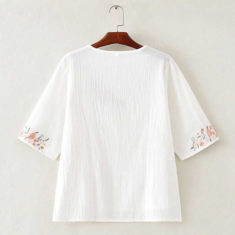 Λογοτεχνική Καλλιτεχνική Μικρή Φρέσκα φαρδιά, στρογγυλή λαιμόκοψη, βαμβακερή μονόχρωμη μπλούζα γυναικεία με τρία τέταρτα μανίκια Άνοιξη Καλοκαίρι κοντό μπλουζάκι