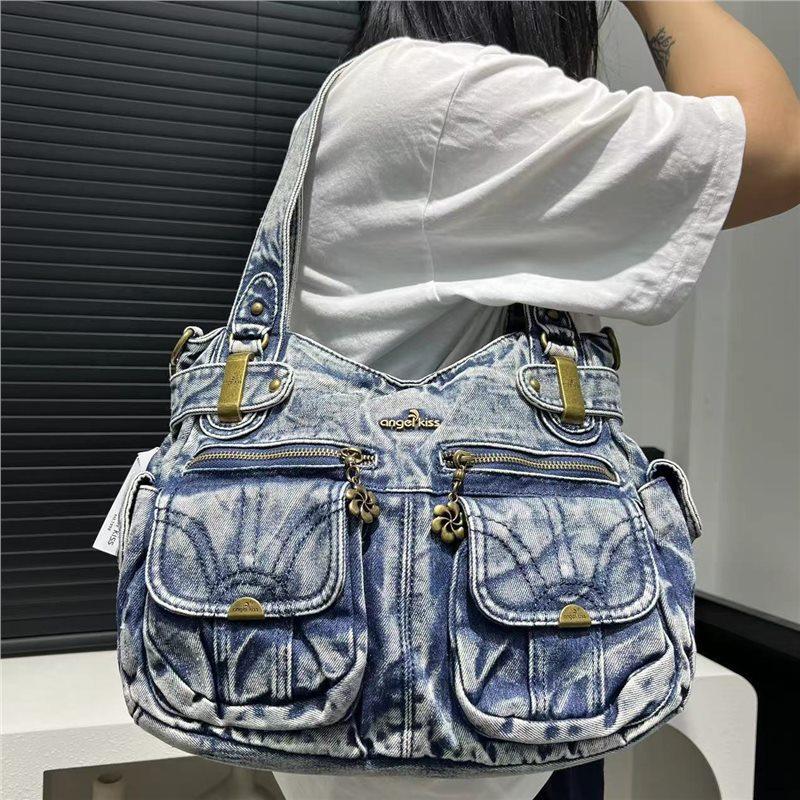 Ladies Vintage Denim Washed Denim Tote Bag Multi Pocket Spice Girl Shoulder Crossbody Bag