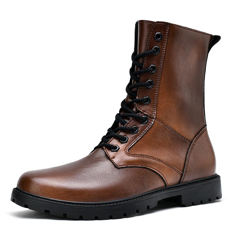 Cotton high-top tall cowhide Martin boots flat-bottomed round boots work outdoor lace-up side zipper hollow boots men
