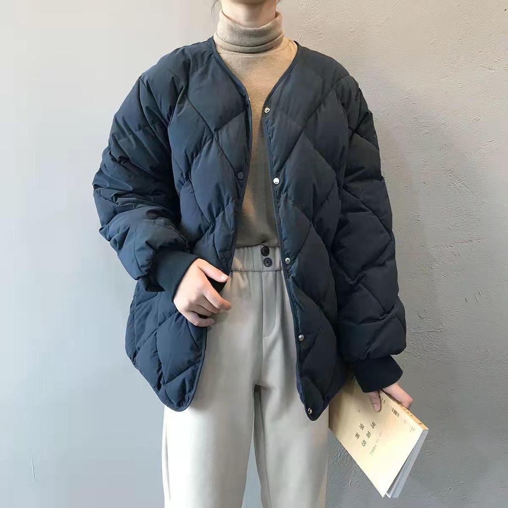 2025 Winter Women's Loose Diamond Pattern Round Neck Short Down Cotton Jacket - College Style