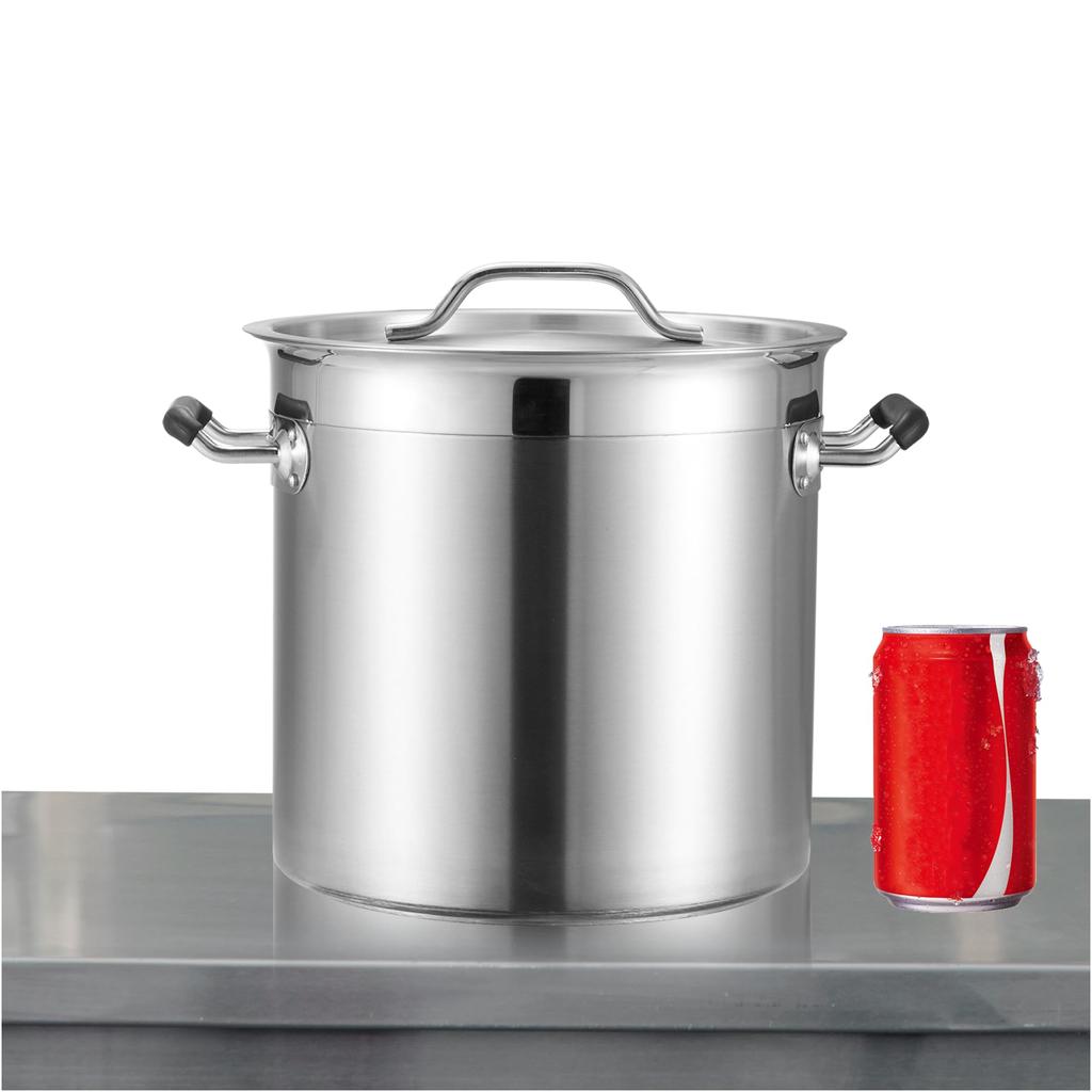CURTA Commercial Stockpot (IH Compatible) 25cm Diameter, 12L Capacity, 3.065KG Weight, 18-8 Stainless Steel, with Lid, 0.8mm Plate Thickness, 3mm