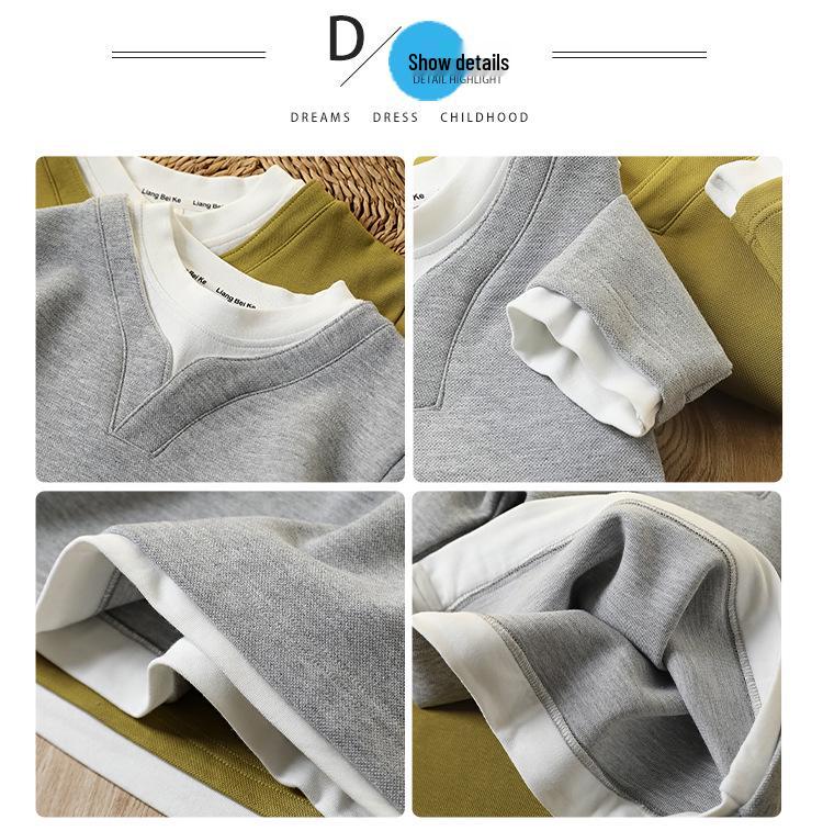 Chłopięca modna koszulka z długim rękawem z dekoltem w serek, patchworkowa, z efektem dwuczęściowym (Jesień 2025, Styl Koreański)