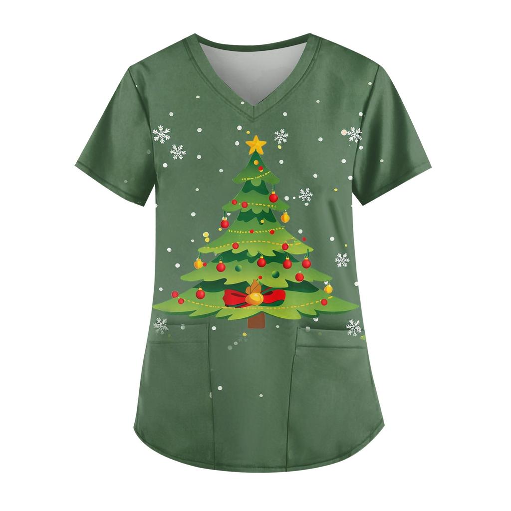 Women's Fashion V-Neck Short Sleeve Workwear With Pocket Christmas Printed Top