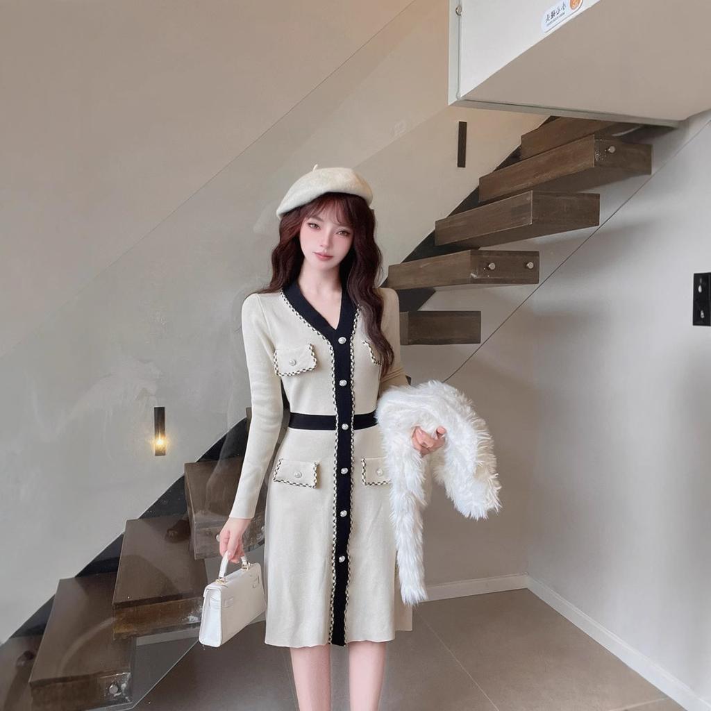 Spring New Hepburn Style Knitted Dress Women's Contrasting Color Long-sleeved Small Fragrant Style Inner with Hip-wrapped Sweater Skirt