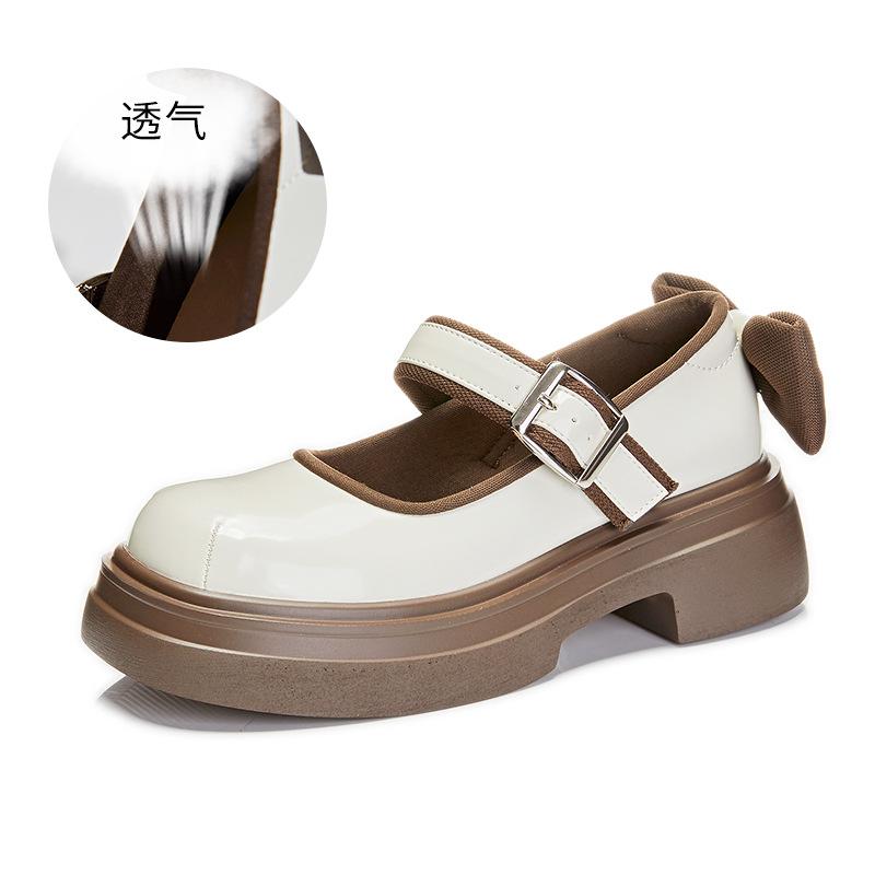 Bow Mary Jane shoes women's 2025 spring new thick heel shallow mouth small fragrant single shoes women's round head buckle women's shoes
