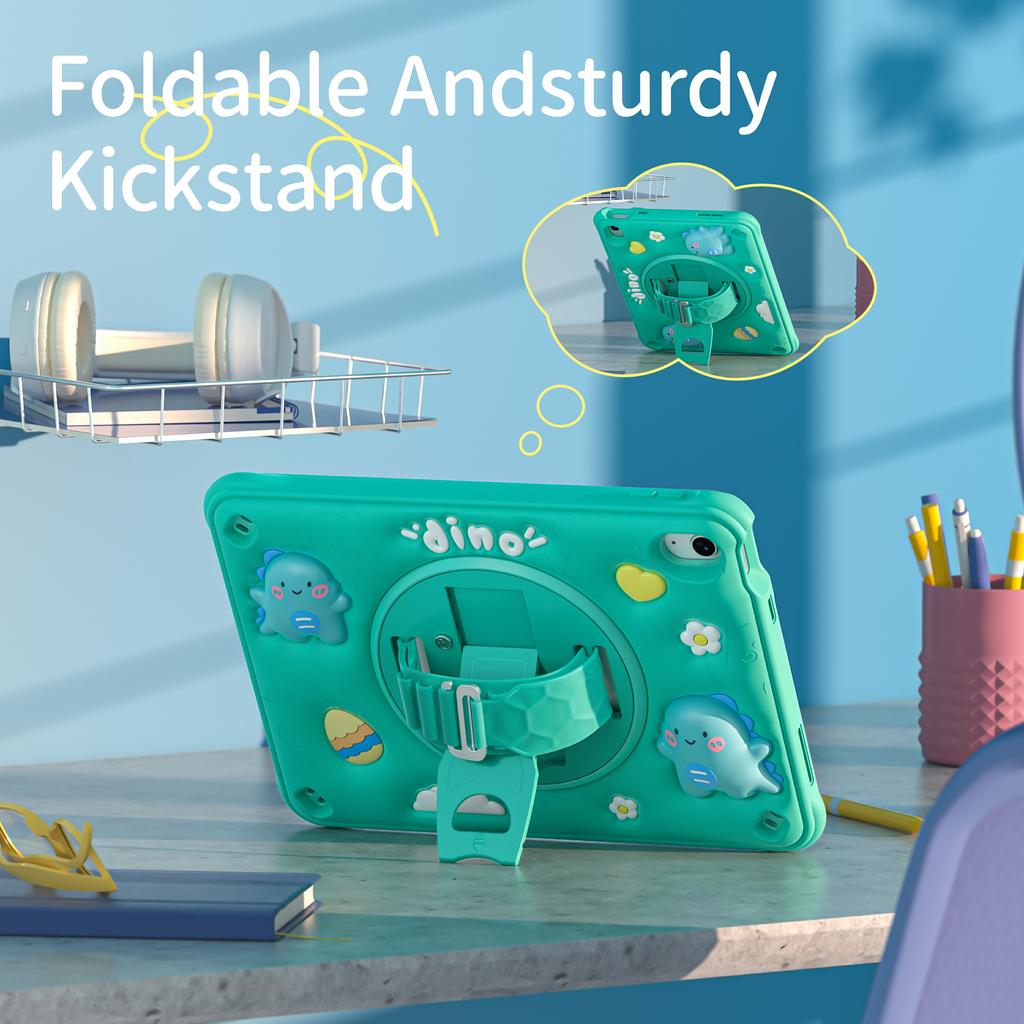 For iPad (2025)/10.9 (2022) Case with Shoulder Strap Cartoon Dinosaur Kickstand PC+Silicone+TPU Cover