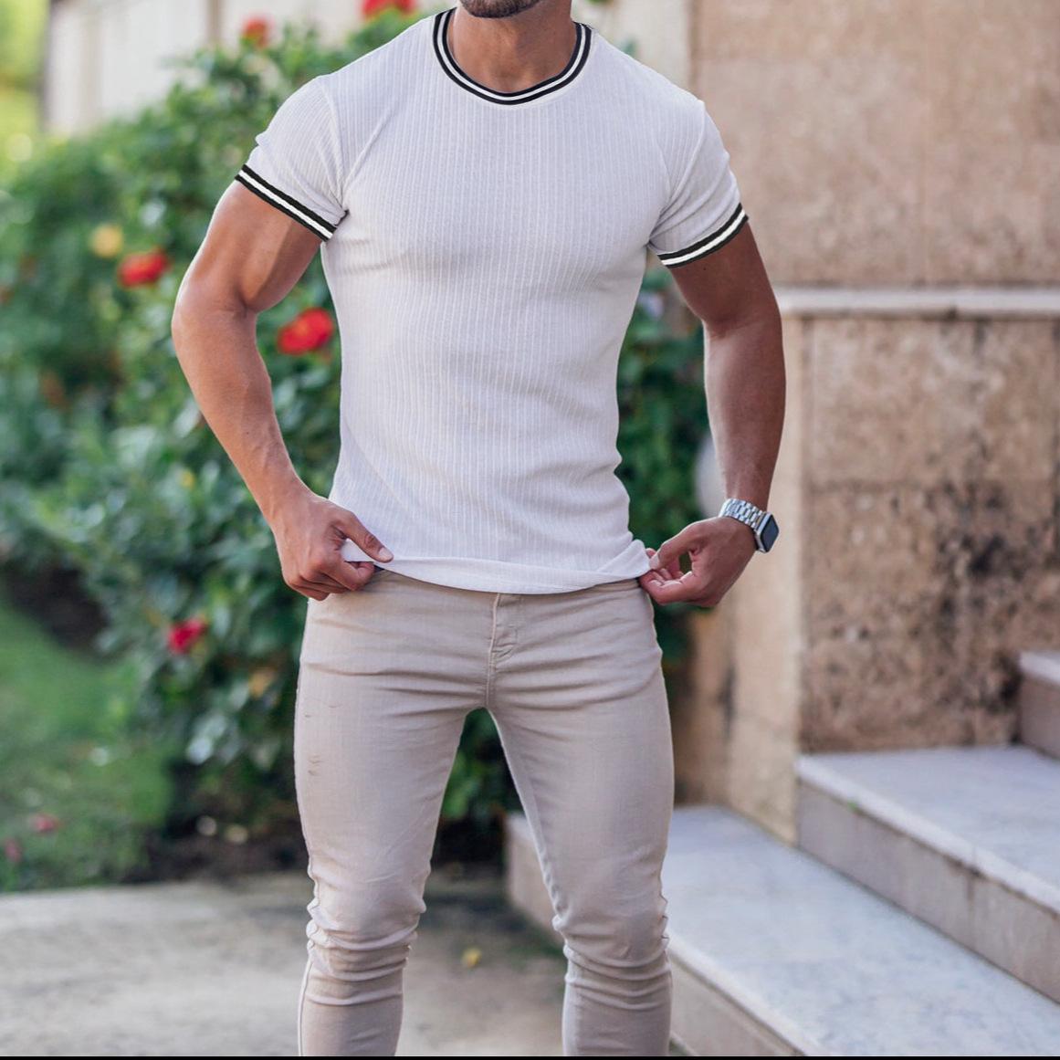 

Мужская осенняя спортивная, фитнес, повседневная футболка с воротником-стойкой, эластичной вертикальной полоской, V-образным вырезом и длинными рукавами для мужчин 2XL белый